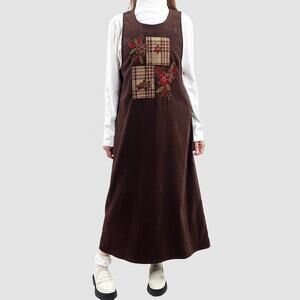 Vintage Brown Floral Patchwork Sleeveless Pinafore Midi Dress Sz Small